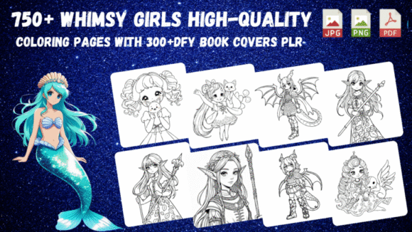 Whimsy Girls Coloring Pack PLR – 750+ Pages & Covers